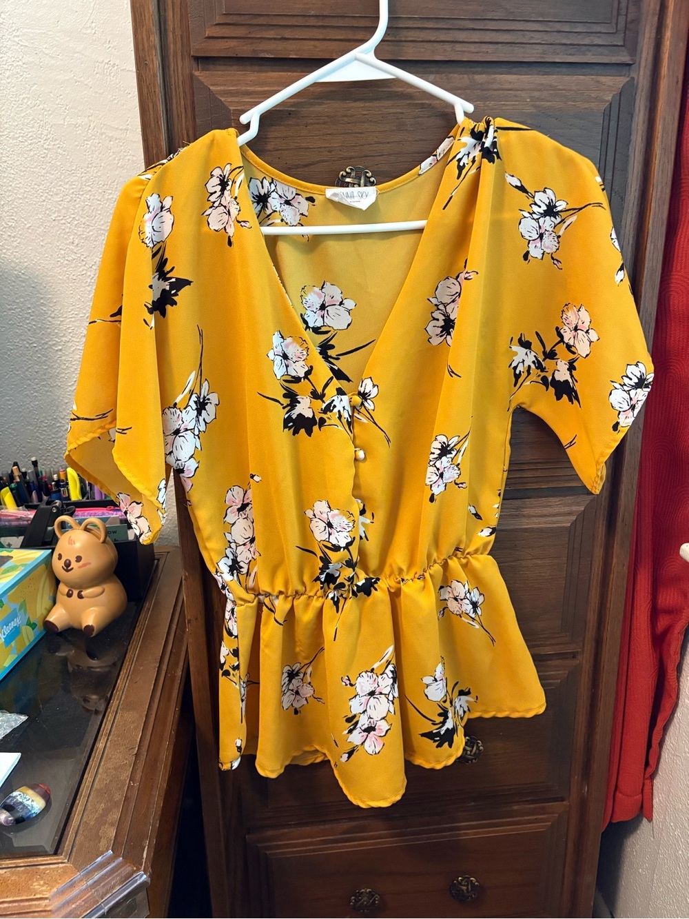 Sienna Sky Mustard Floral V-Neck Peplum Blouse